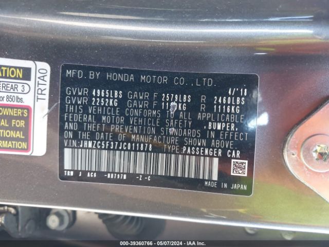 JHMZC5F37JC011878 Honda Clarity Plug-in Hybrid Touring