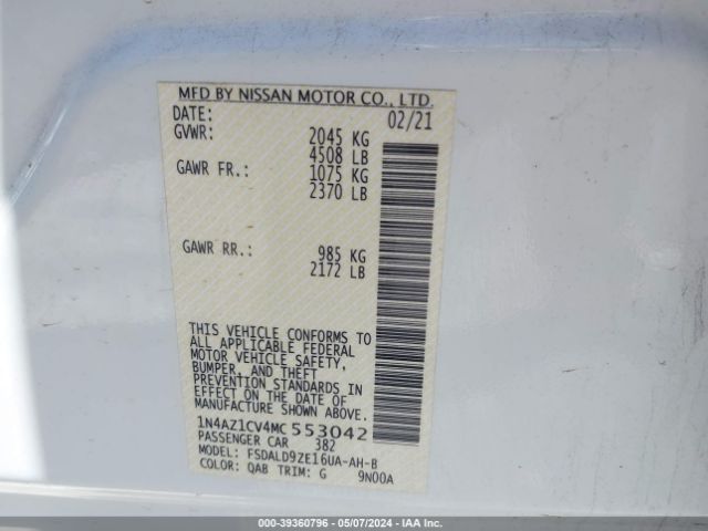 1N4AZ1CV4MC553042 Nissan Leaf Sv 40 Kwh
