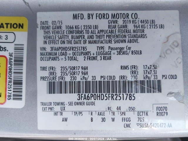 Ford FUSION SE 2015 3FA6P0HD5FR251785 Image 9