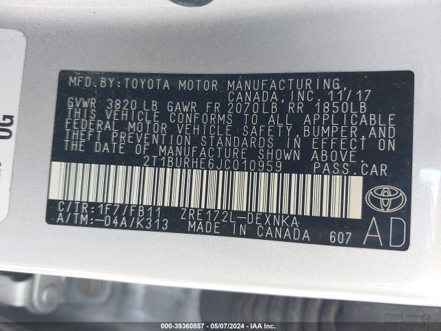 Toyota COROLLA LE 2018 2T1BURHE6JC010959 Image 9