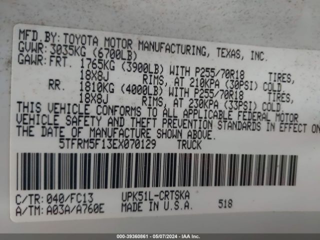 5TFRM5F13EX070129 Toyota Tundra Sr5 4.6l V8