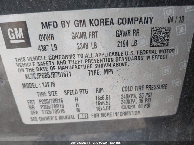 Chevrolet Trax Lt 2018 KL7CJPSB5JB701671 Image 9