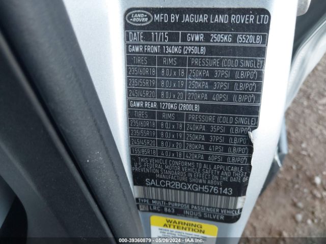 SALCR2BGXGH576143 Land Rover Discovery Sport Hse