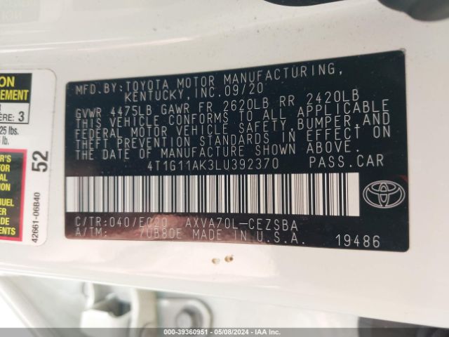 4T1G11AK3LU392370 Toyota Camry Se Nightshade Edition