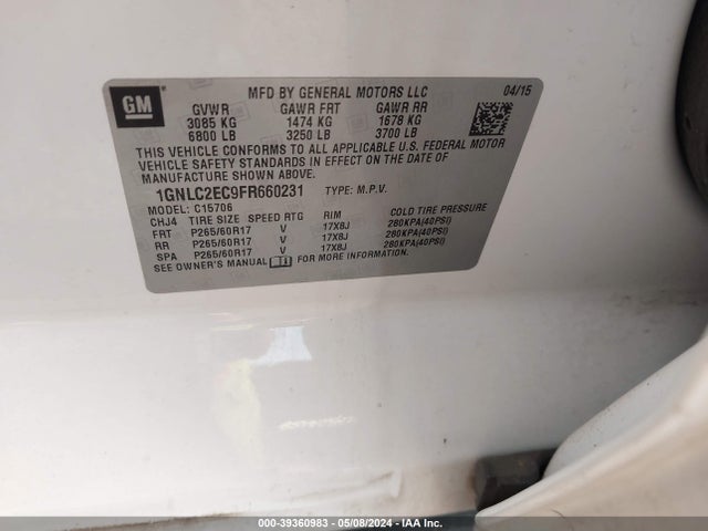 Chevrolet Tahoe Commercial Fleet 2015 1GNLC2EC9FR660231 Image 9