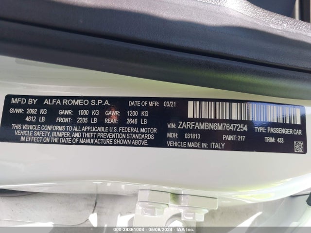 ZARFAMBN6M7647254 Alfa Romeo Giulia Ti Rwd