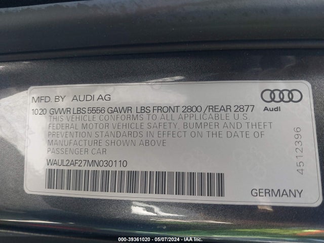 WAUL2AF27MN030110 Audi A6 Premium Plus 55 Tfsi Quattro S Tronic
