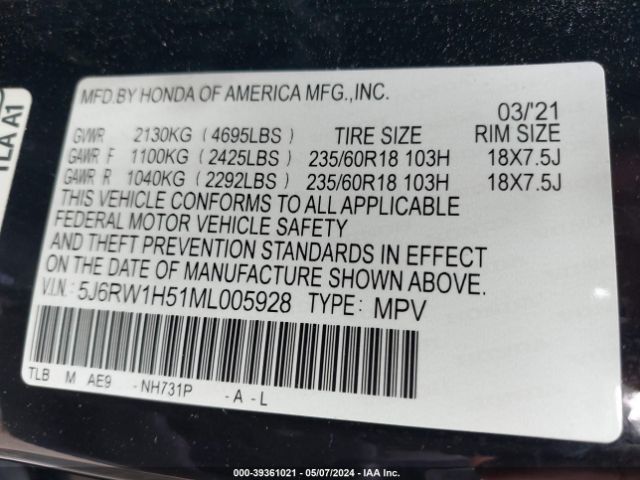 5J6RW1H51ML005928 Honda Cr-v 2wd Ex