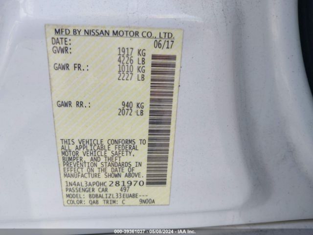 1N4AL3AP0HC281970 Nissan Altima 2.5 Sv