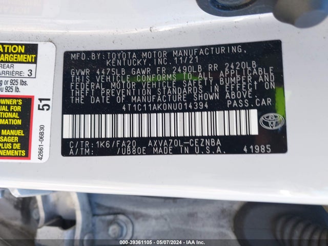 Toyota CAMRY LE 2022 4T1C11AK0NU014394 Image 9