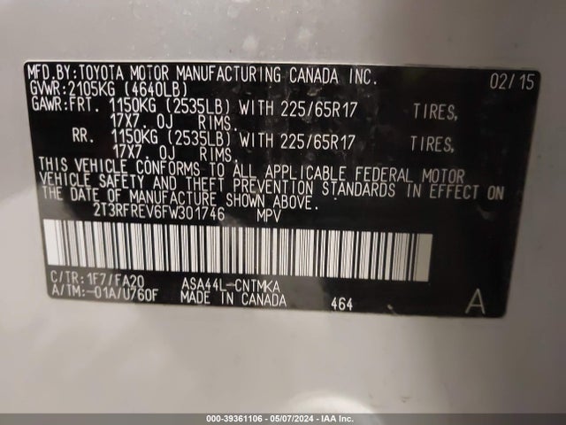 Toyota Rav4 Xle 2015 2T3RFREV6FW301746 Image 9