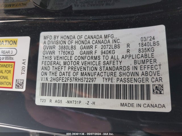 Honda Civic Sport 2024 2HGFE2F57RH572297 Image 9