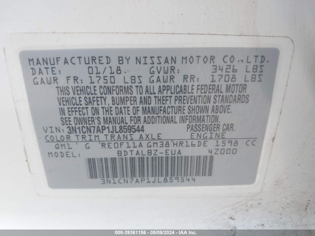 Nissan Versa 1.6 Sv 2018 3N1CN7AP1JL859544 Image 9
