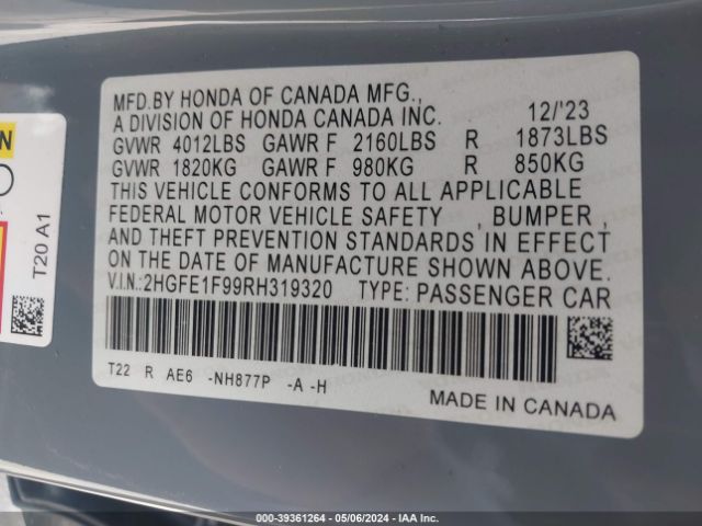 2HGFE1F99RH319320 Honda Civic Touring
