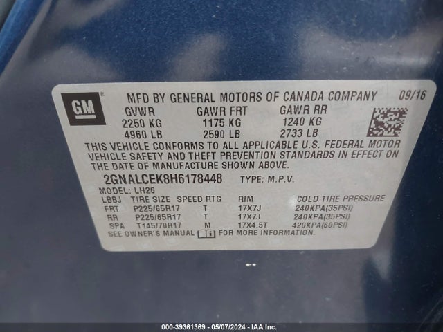 Chevrolet EQUINOX LT 2017 2GNALCEK8H6178448 Image 9
