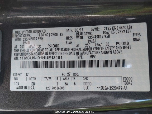 Ford Escape Titanium 2017 1FMCU9J91HUE13161 Image 9