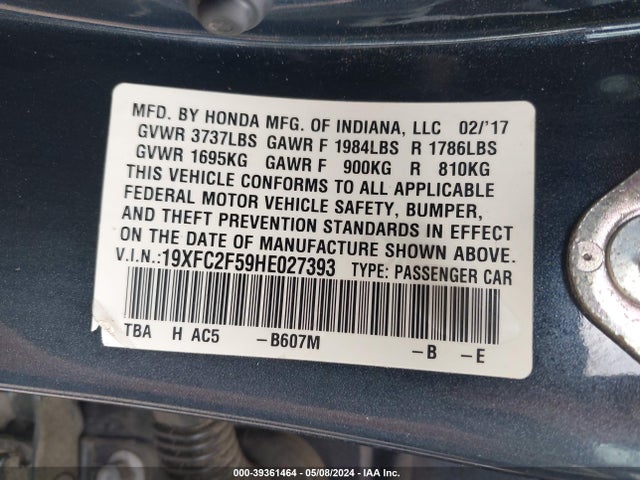 Honda Civic Lx 2017 19XFC2F59HE027393 Image 9