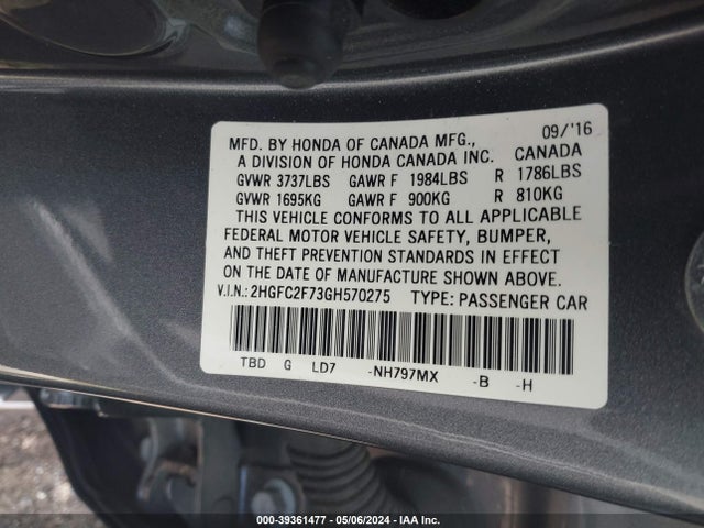 Honda CIVIC EX 2016 2HGFC2F73GH570275 Image 9
