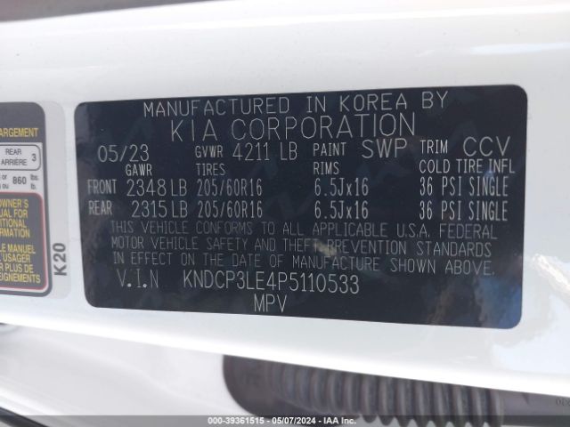 KNDCP3LE4P5110533 KIA NIRO LX