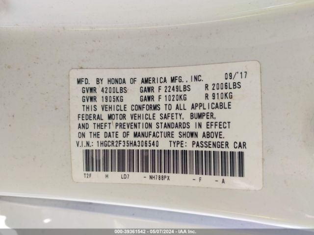 1HGCR2F35HA306540 Honda ACCORD LX