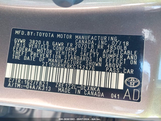 Toyota COROLLA LE 2019 2T1BURHE8KC142476 Image 9