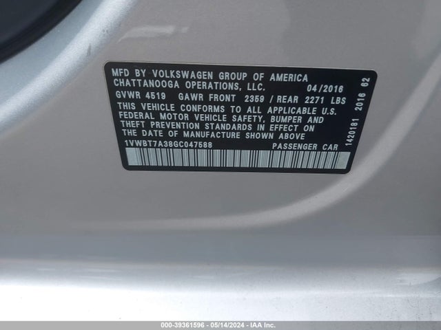 1VWBT7A38GC047588 Volkswagen Passat 1.8t Se