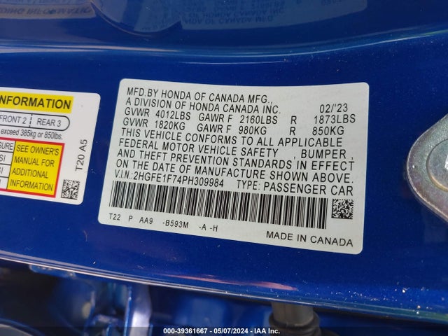 Honda Civic Ex /ex W/o Bsi 2023 2HGFE1F74PH309984 Image 9