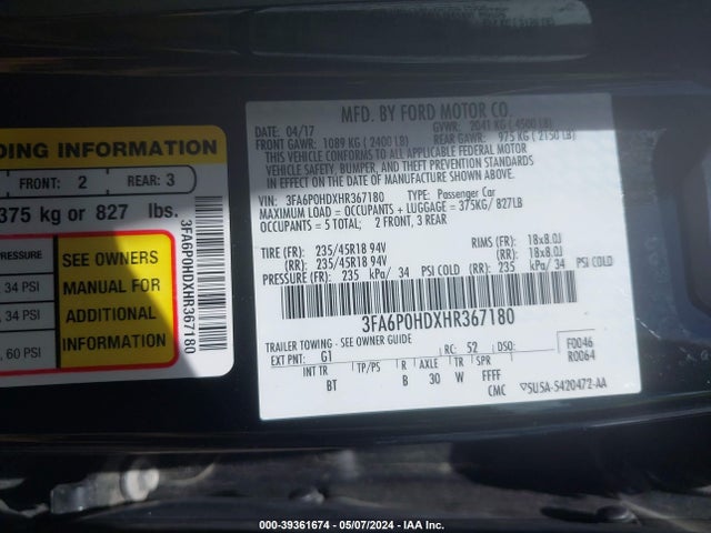 Ford FUSION SE 2017 3FA6P0HDXHR367180 Image 9