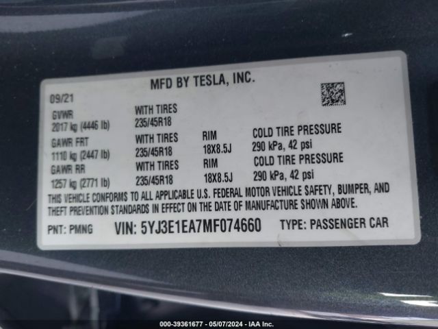 5YJ3E1EA7MF074660 Tesla Model 3 Standard Range Plus Rear-wheel Drive