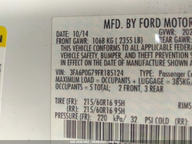 Ford FUSION S 2015 3FA6P0G79FR185124 Image 9
