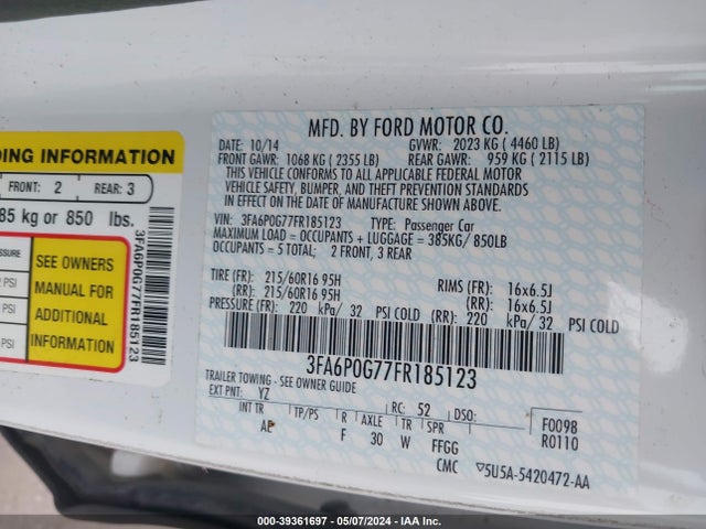 Ford FUSION S 2015 3FA6P0G77FR185123 Image 9