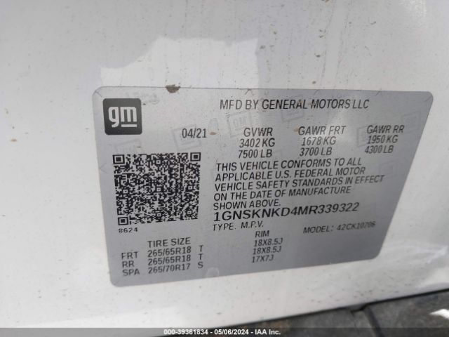 1GNSKNKD4MR339322 Chevrolet Tahoe 4wd Lt