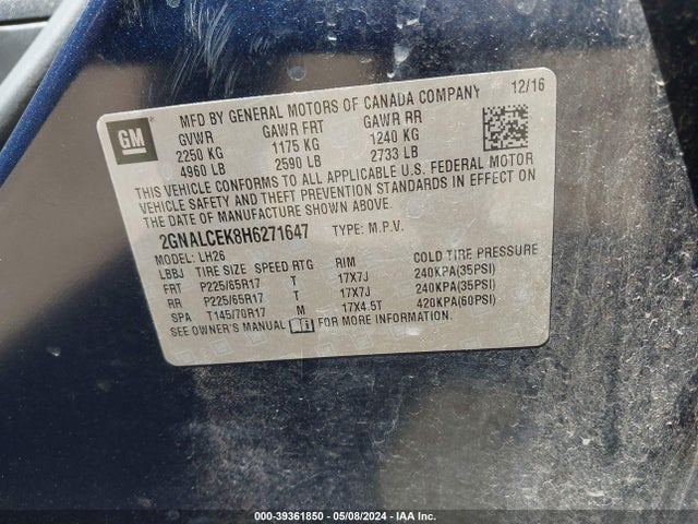 Chevrolet EQUINOX LT 2017 2GNALCEK8H6271647 Image 9