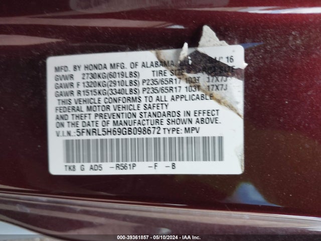 Honda Odyssey Ex-l 2016 5FNRL5H69GB098672 Image 9