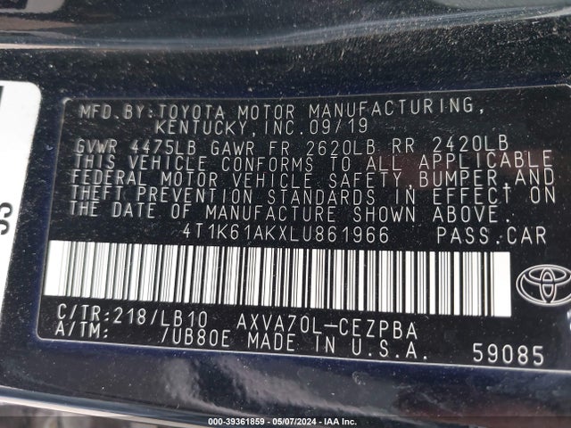 Toyota CAMRY XSE 2020 4T1K61AKXLU861966 Image 9