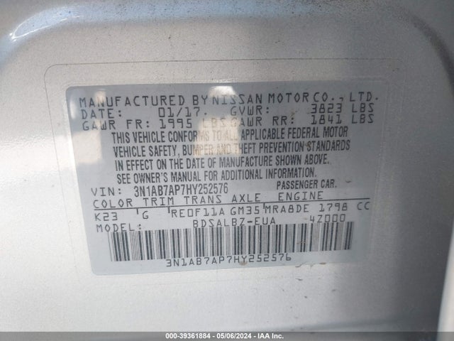 Nissan SENTRA S 2017 3N1AB7AP7HY252576 Image 9