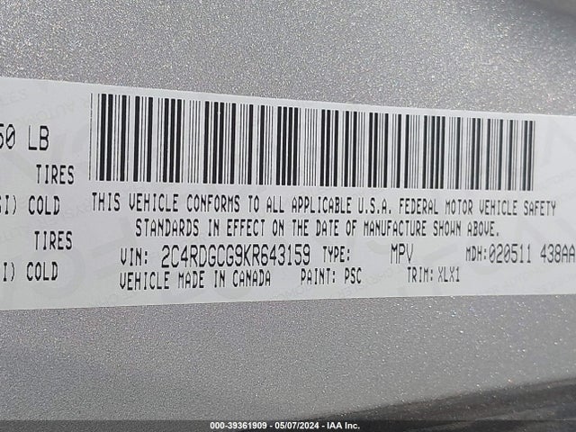 Dodge Grand Caravan Sxt 2019 2C4RDGCG9KR643159 Image 9