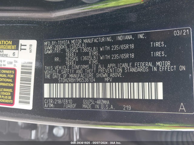 Toyota Highlander Xle 2021 5TDHZRBH1MS536104 Image 9