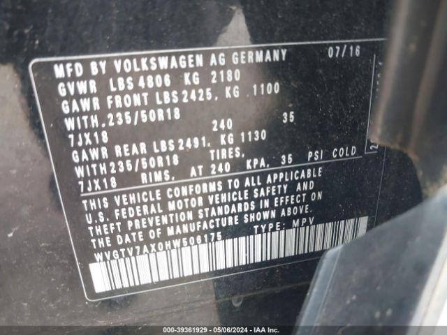 WVGTV7AX0HW506175 Volkswagen Tiguan 2.0t Sport