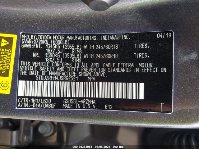 Toyota Highlander Xle 2018 5TDJZRFH4JS862521 Image 9