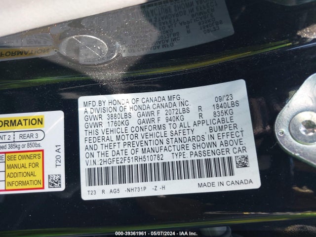 Honda Civic Sport 2024 2HGFE2F51RH510782 Image 9