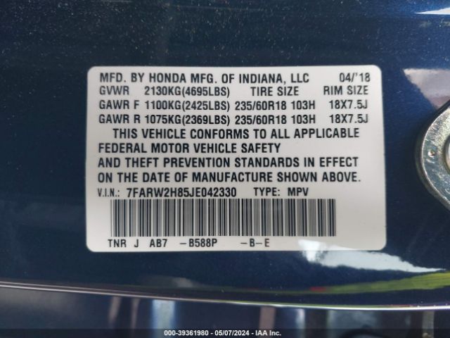 7FARW2H85JE042330 Honda Cr-v Ex-l/ex-l Navi