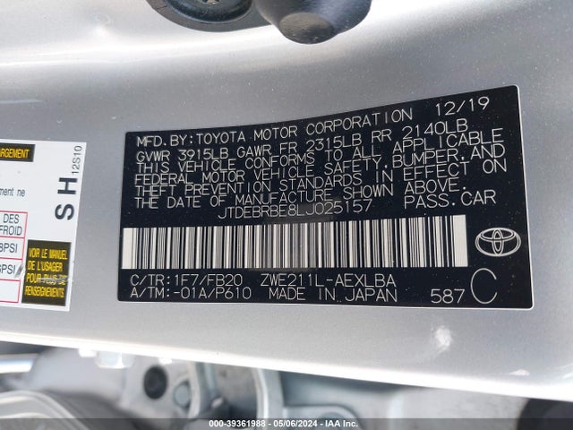 Toyota Corolla Hybrid Le 2020 JTDEBRBE8LJ025157 Image 9