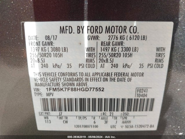 Ford Explorer Limited 2017 1FM5K7F88HGD77552 Image 9