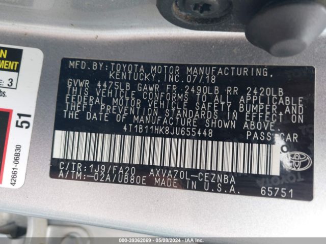 4T1B11HK8JU655448 Toyota CAMRY LE
