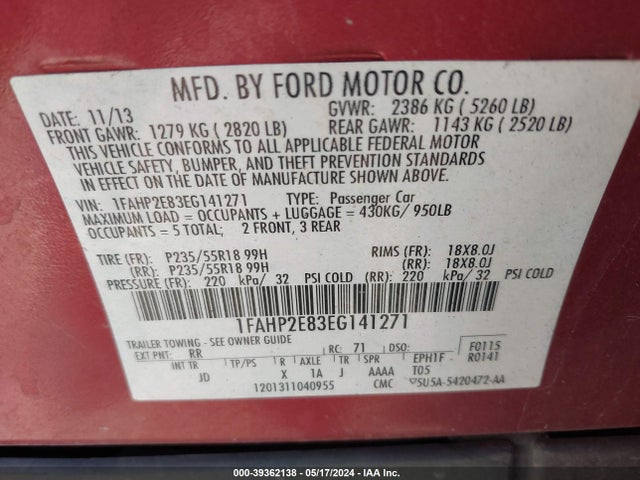 Ford TAURUS SEL 2014 1FAHP2E83EG141271 Image 9