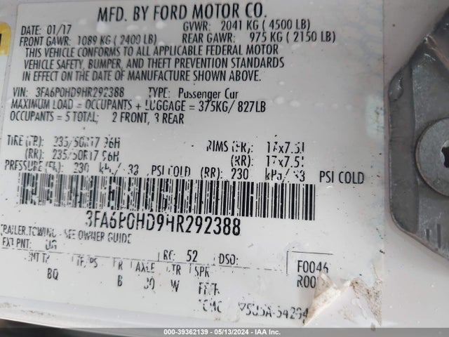 Ford FUSION SE 2017 3FA6P0HD9HR292388 Image 9