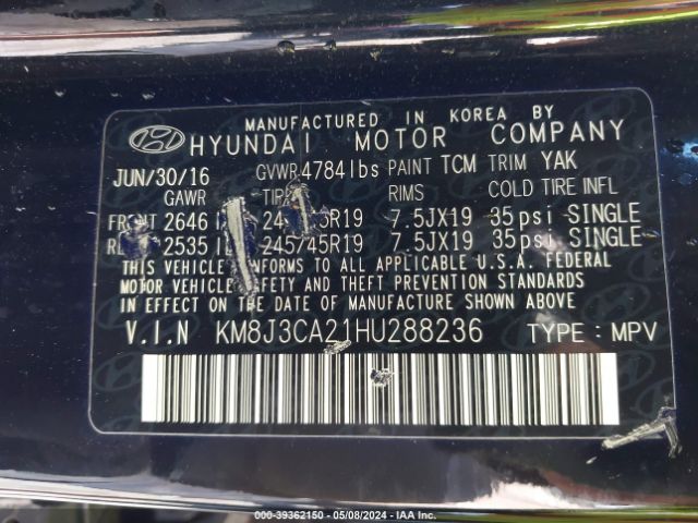 KM8J3CA21HU288236 Hyundai Tucson Limited