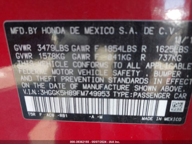 3HGGK5H89FM749953 Honda Fit Ex/ex-l