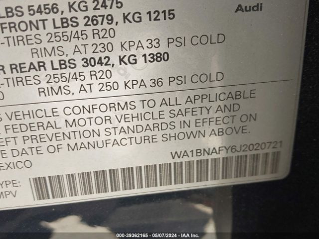 WA1BNAFY6J2020721 Audi Q5 2.0t Premium/2.0t Tech Premium